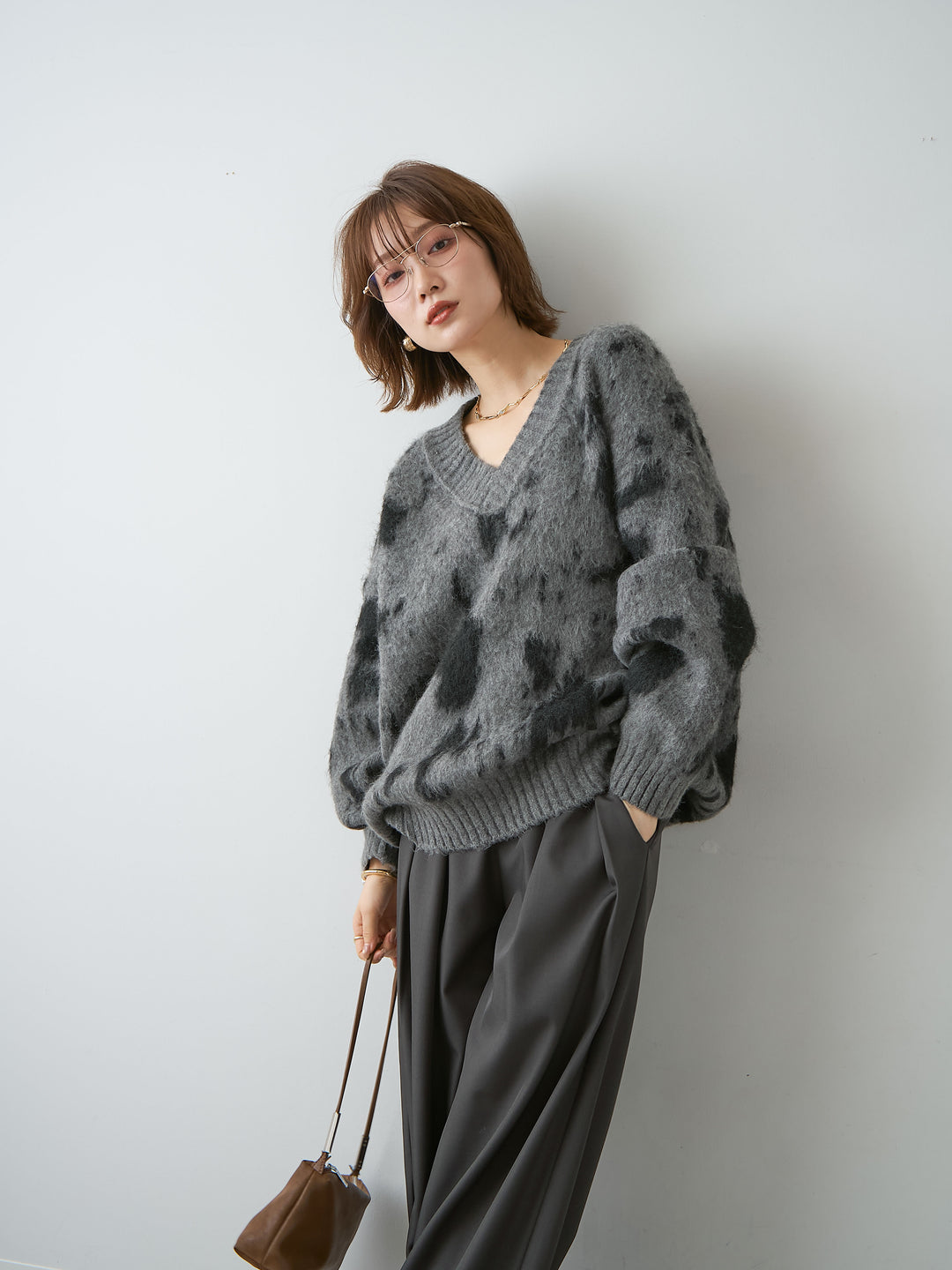 [SET]ダルメシアンオーバーニットプルオーバー+ツイルタックワイドパンツ(2set)