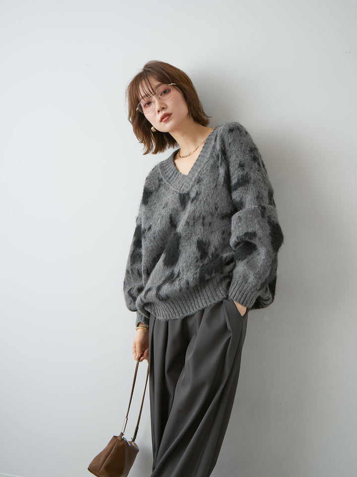 [SET]ダルメシアンオーバーニットプルオーバー+ツイルタックワイドパンツ(2set)