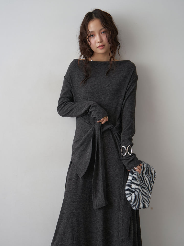 [SET]ドレープネックウエストタイロングワンピース+ドレープネックウエストタイロングワンピース(2set)