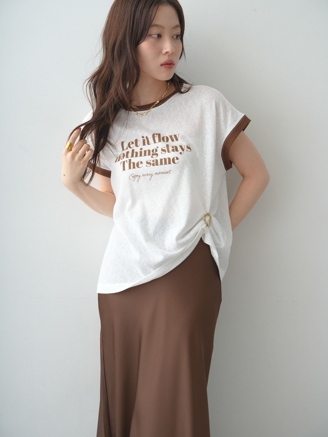 [SET]シアースラブバイカラーフレンチTEE+レースヘムサテンIラインスカート(2set)