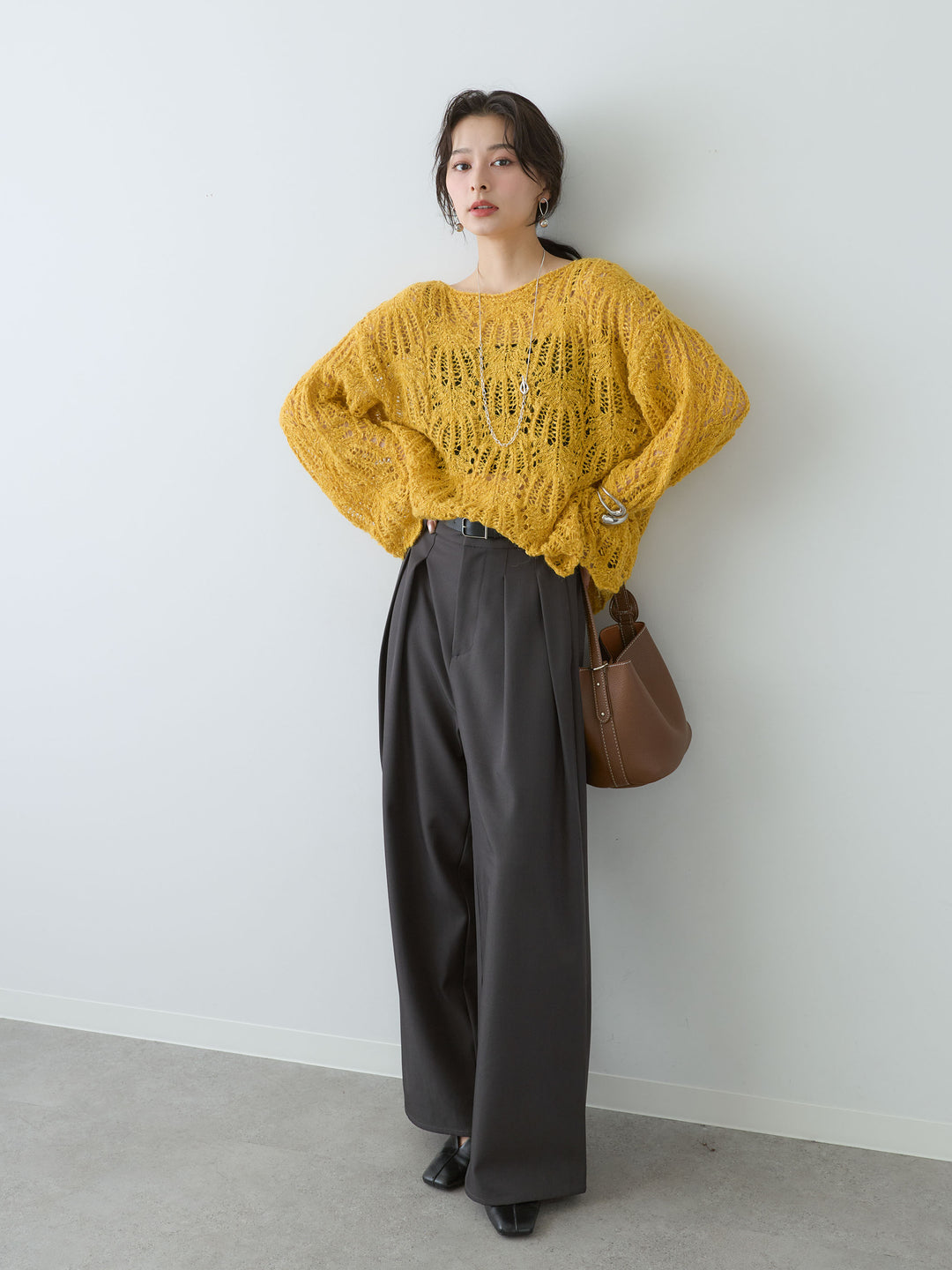 [SET]ミックスループ透かし編みニットトップス+ツイルタックワイドパンツ(2set)