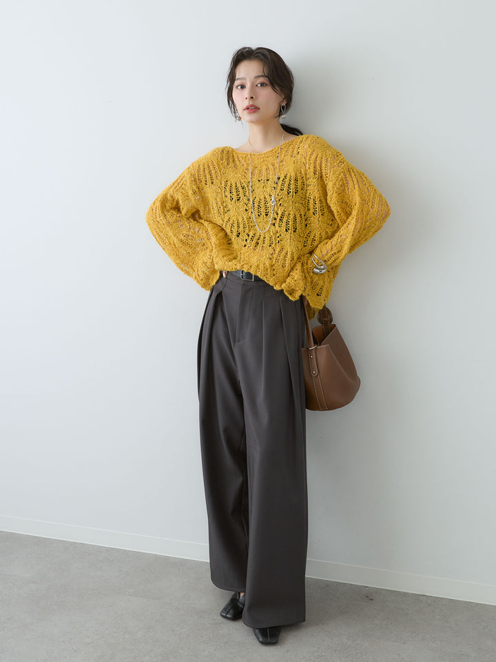 [SET]ミックスループ透かし編みニットトップス+ツイルタックワイドパンツ(2set)