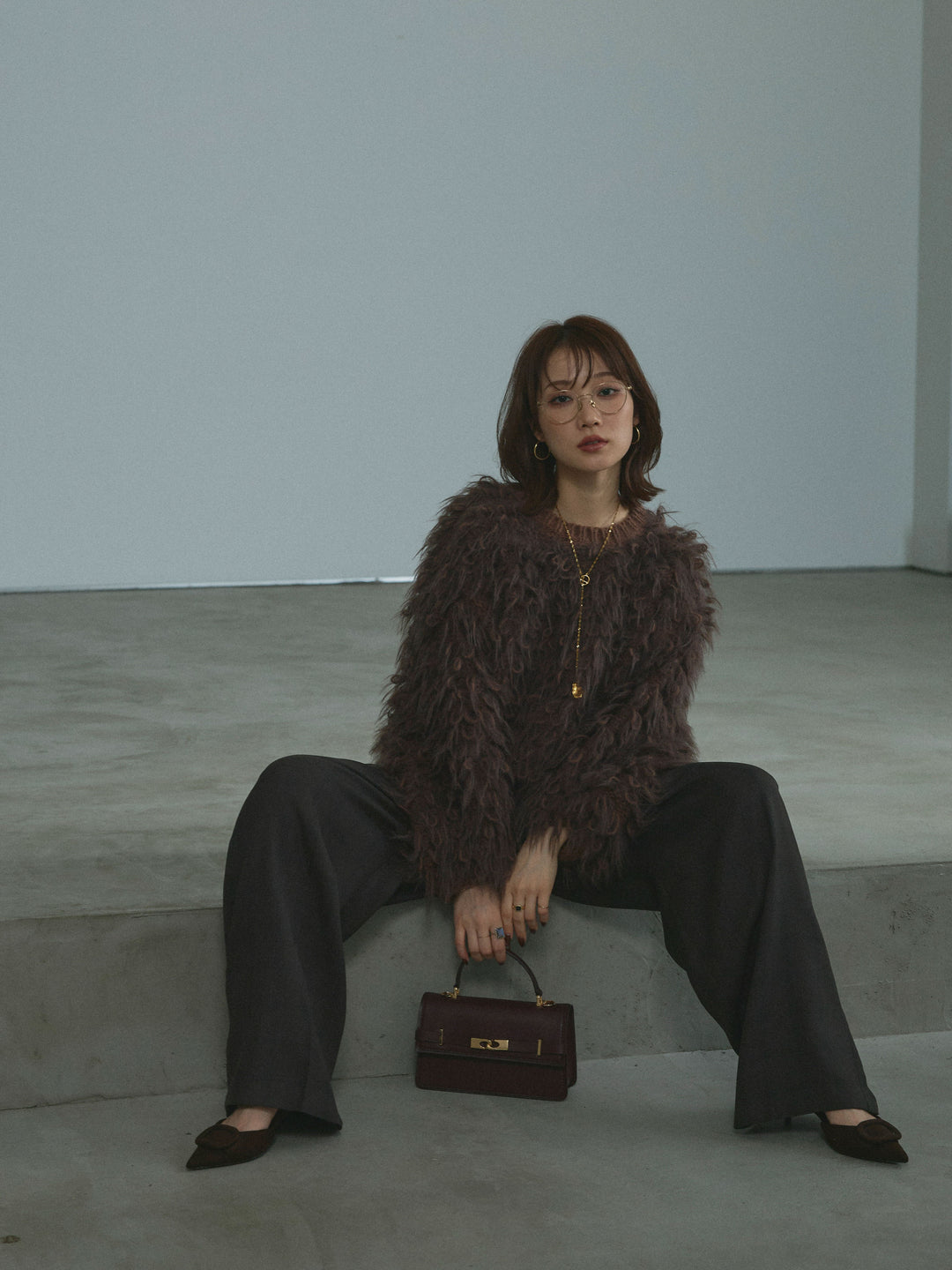 【Allure】[SET]ミックスシャギーループニットプルオーバー+杢チェックタックパンツ(2set)