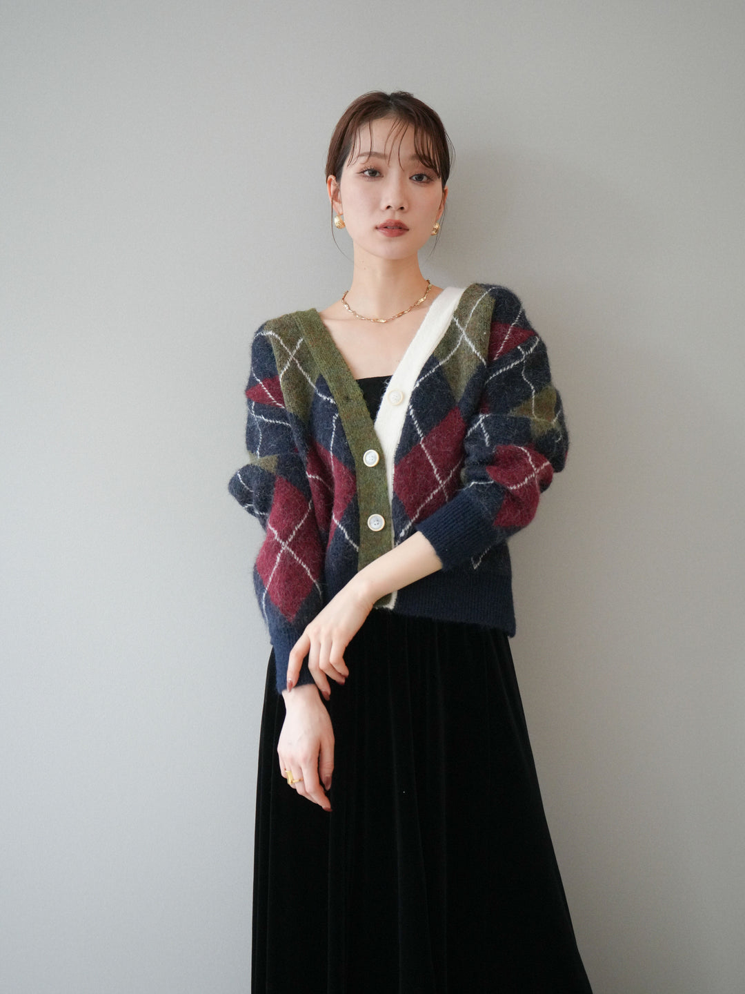 [予約]配色アーガイル柄ニットカーディガン/green