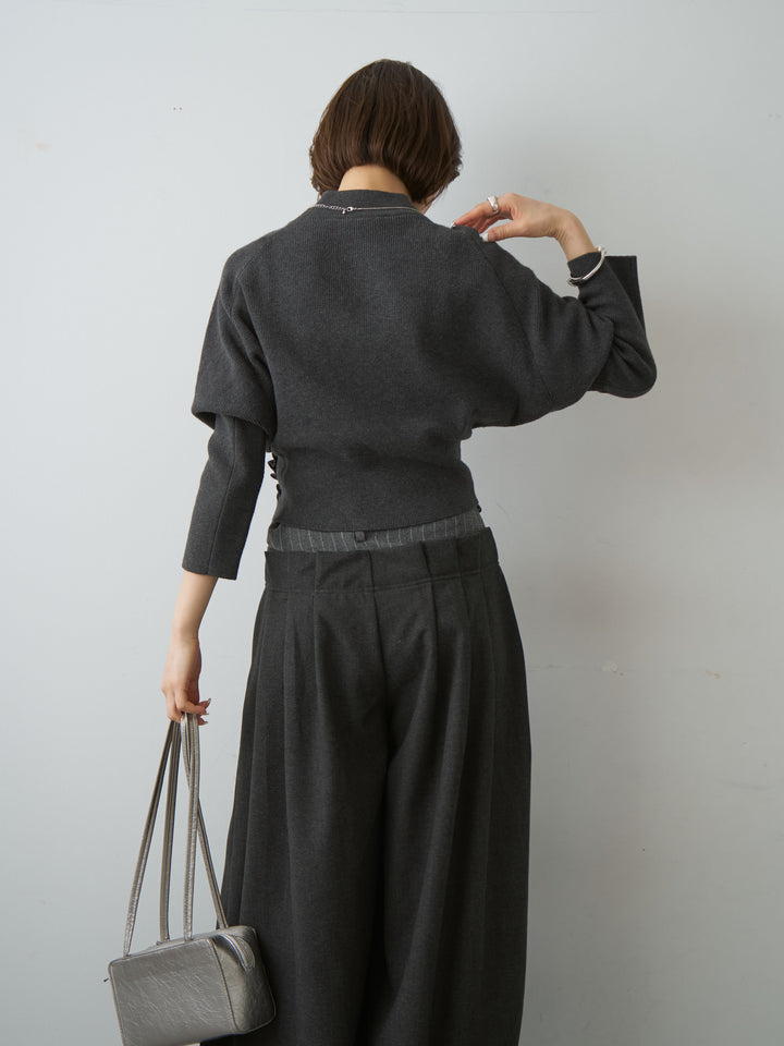 [SET]ハイネックサイドボタンギャザーニットトップス+ウエストデザインドロストワイドパンツ(2set)