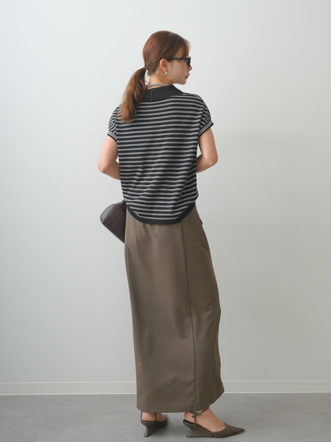 [SET]ポロニットボーダートップス+クレープデシンフラップ付きストレートスカート(2set)
