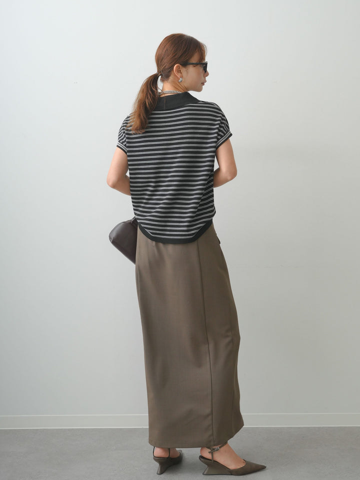 [SET]ポロニットボーダートップス+クレープデシンフラップ付きストレートスカート(2set)