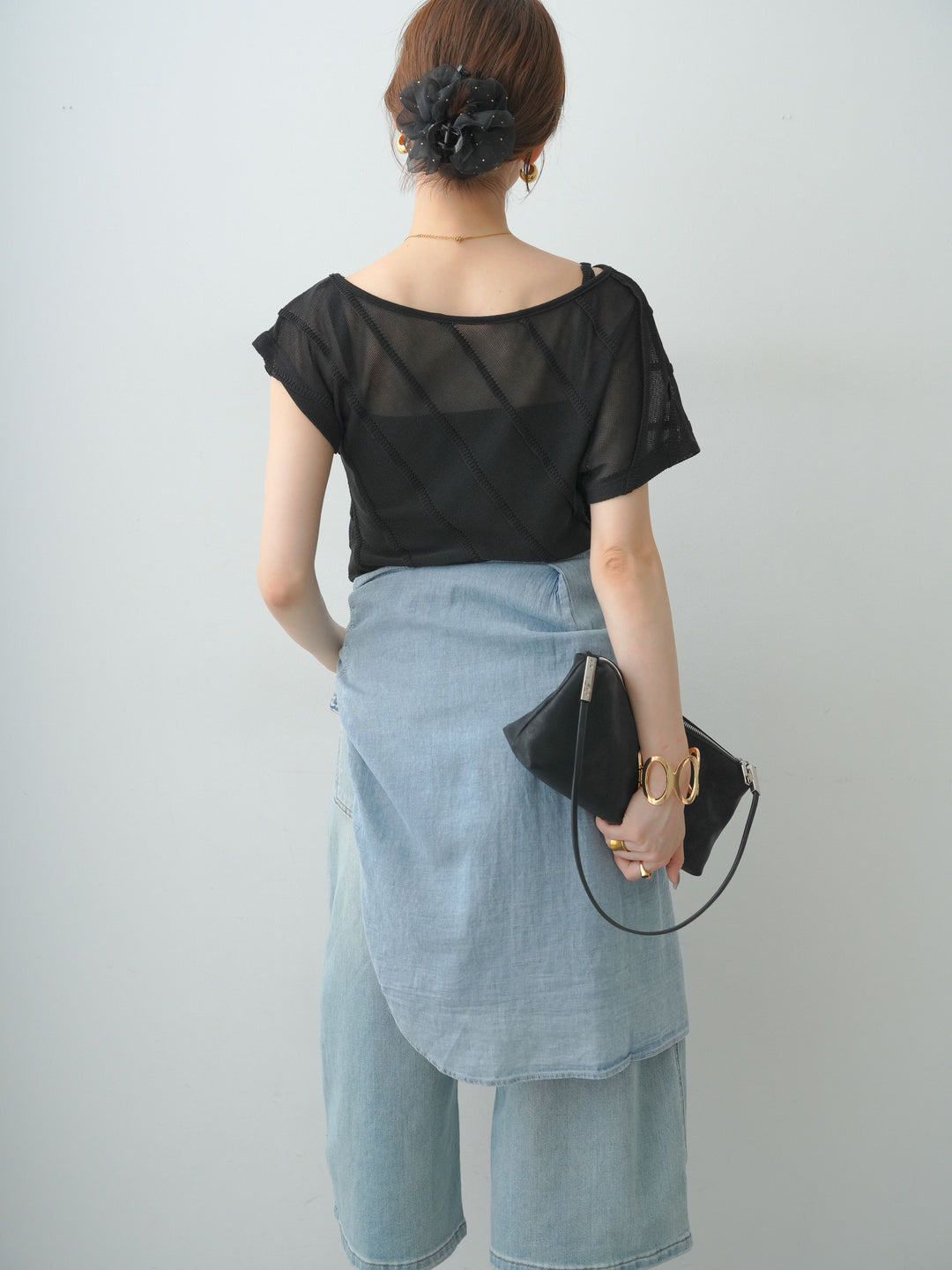 [予約]バイアスアシメシアーフレンチニットトップス/black