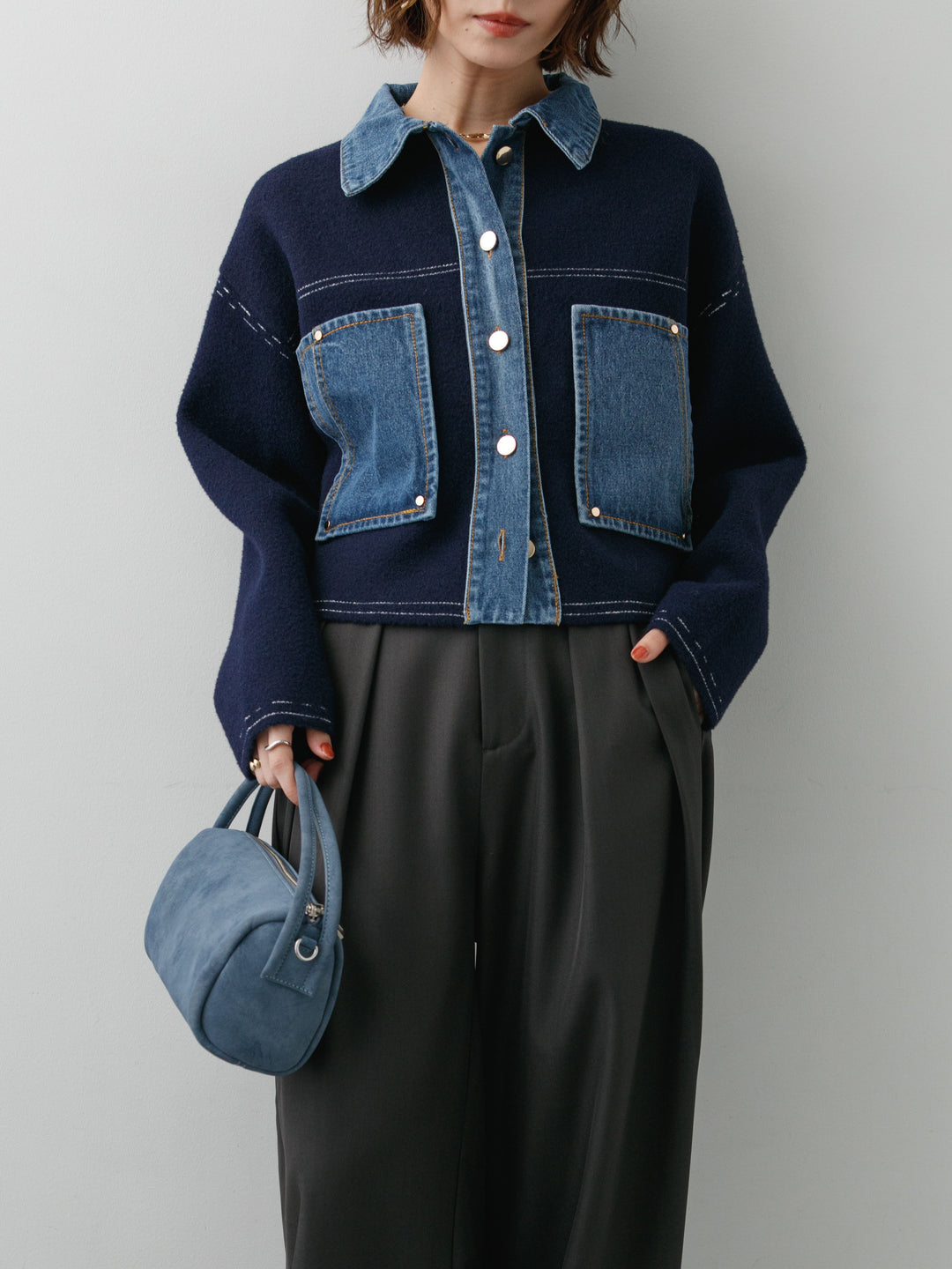 [予約]デニムコンビスムースニットジャケット/navy