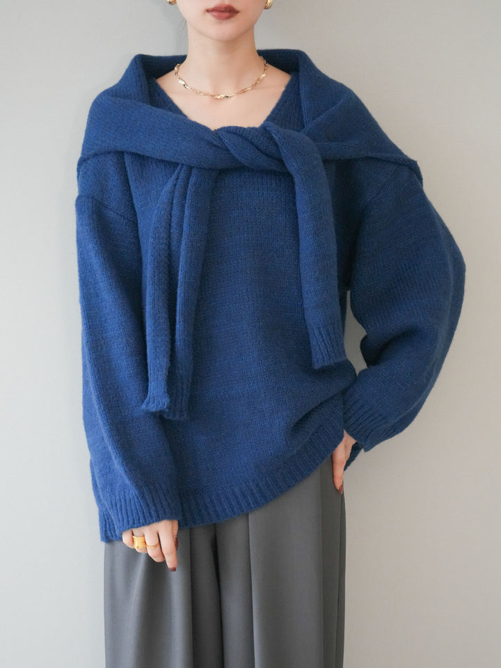 [予約]ストール付きVネックニットプルオーバー/blue