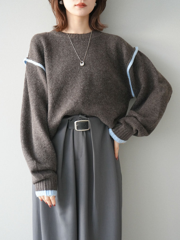 [予約]バイカラーパイピングニットプルオーバー/brown