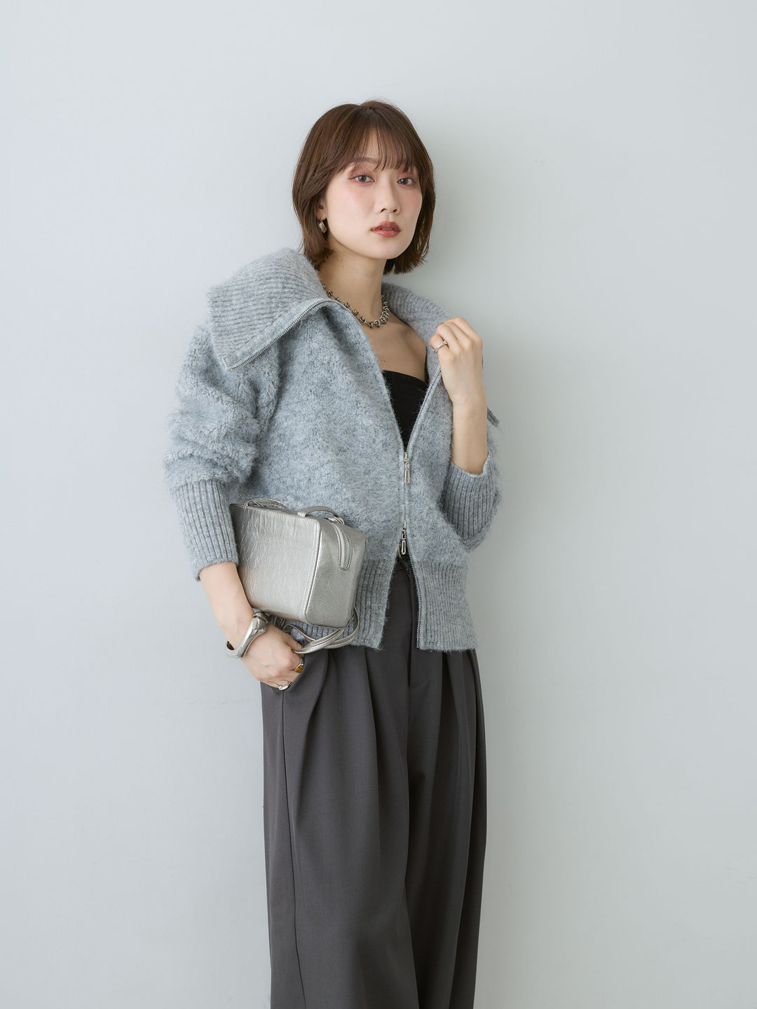 [SET]ビッグカラーシャギーニットブルゾン+ツイルタックワイドパンツ(2set)
