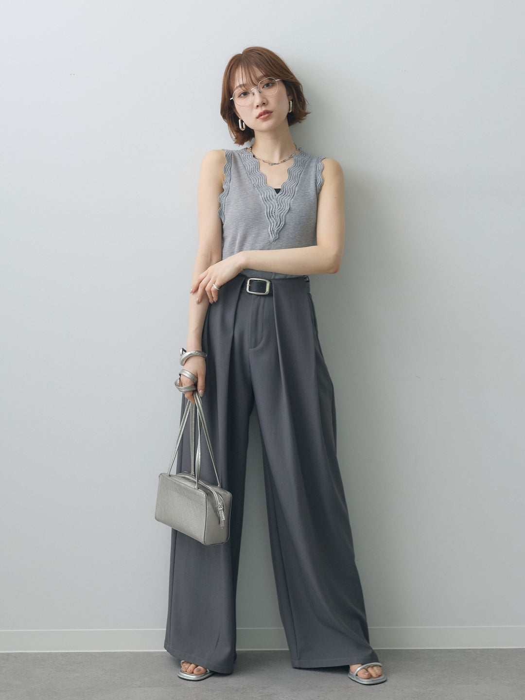 [SET]カーブデザインリブニットタンクトップ+ベルトループデザインワイドパンツ(2set)
