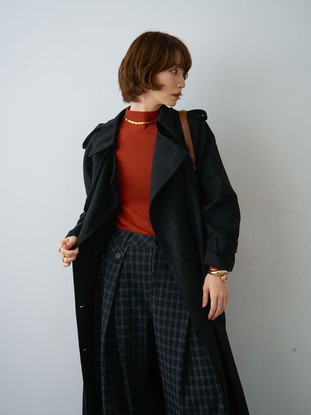 [SET]スウェードタッチロングトレンチコート+チェックサイドベルトデザインタックパンツ(2set)
