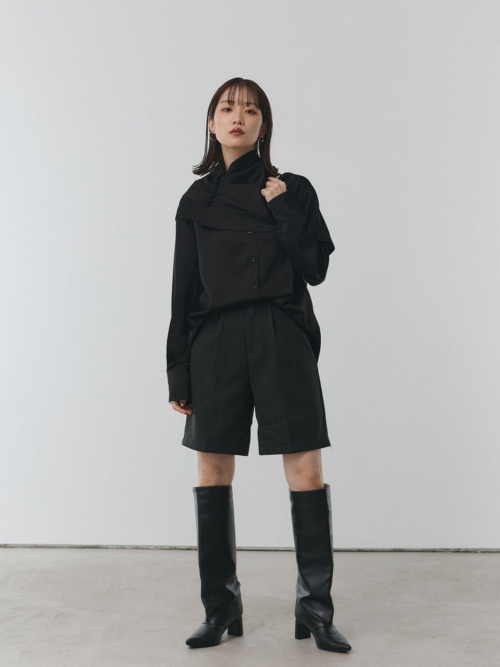 【Allure】[SET]ケープ付サテンシャツ+ウールライクハーフパンツ(2set)