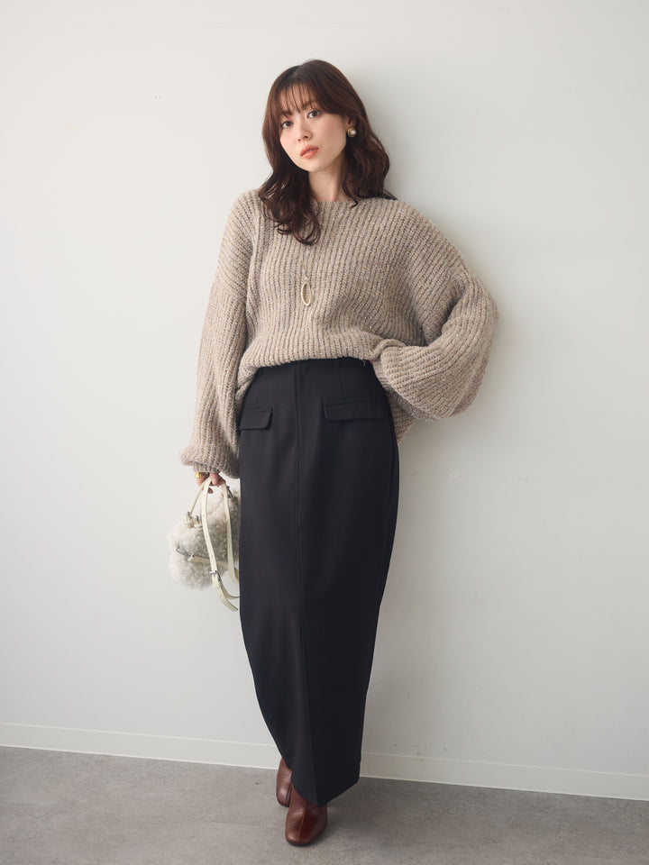 [SET]バルーンスリーブスパンリブニットトップス+クレープデシンフラップ付きストレートスカート(2set)
