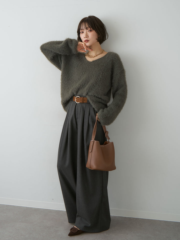 [SET]シャギーVネックニットトップス+ダブルタックドレープストレートワイドパンツ(2set)