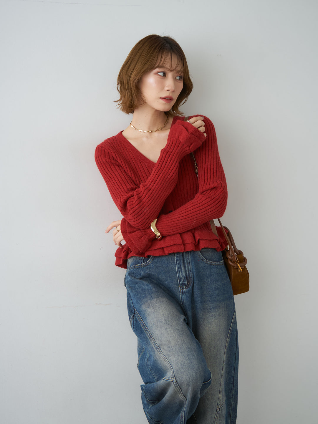 [SET]アルパカタッチフリルカーディガン+ヘムデザインワイドデニムパンツ(2set)