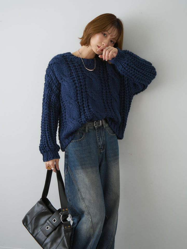 [予約]ボリュームケーブルニットプルオーバー/navy