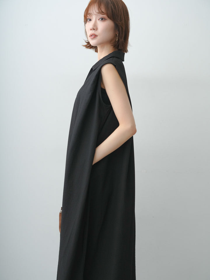 [予約]リネンライクスキッパーショルダータックワンピース/black