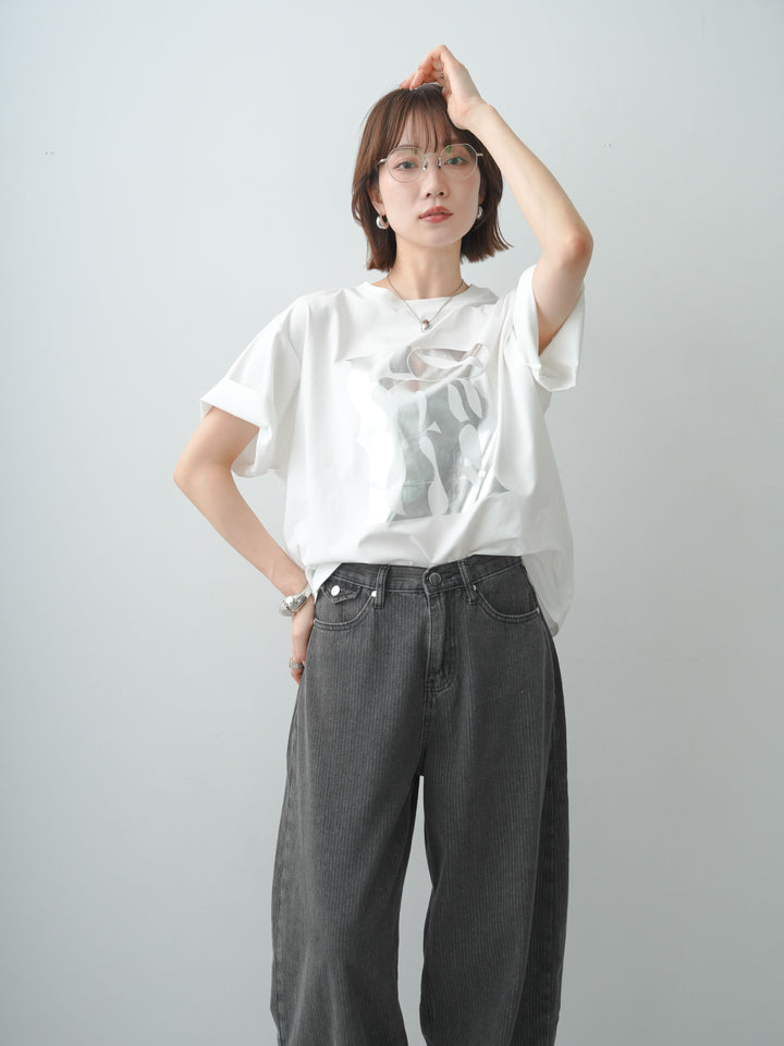 [SET]クールタッチアートロゴオーバーTEE+ニュアンスウォッシュカーブデニム(2set)
