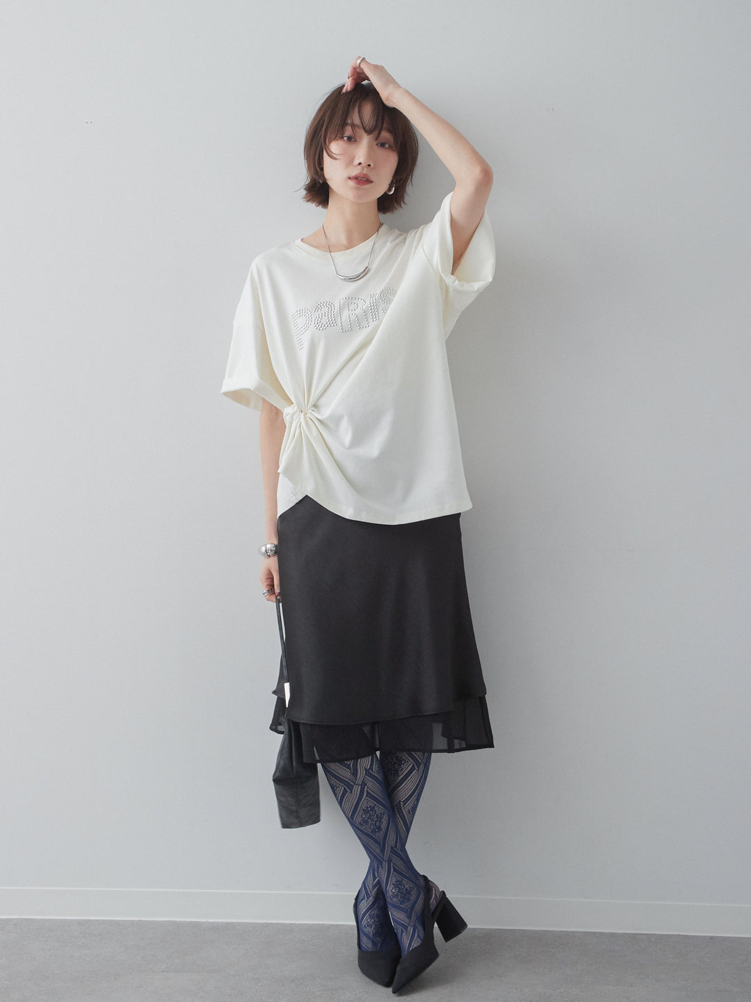 [SET]スタッズロゴTEE+サテンシフォンレイヤードスカート(2set)