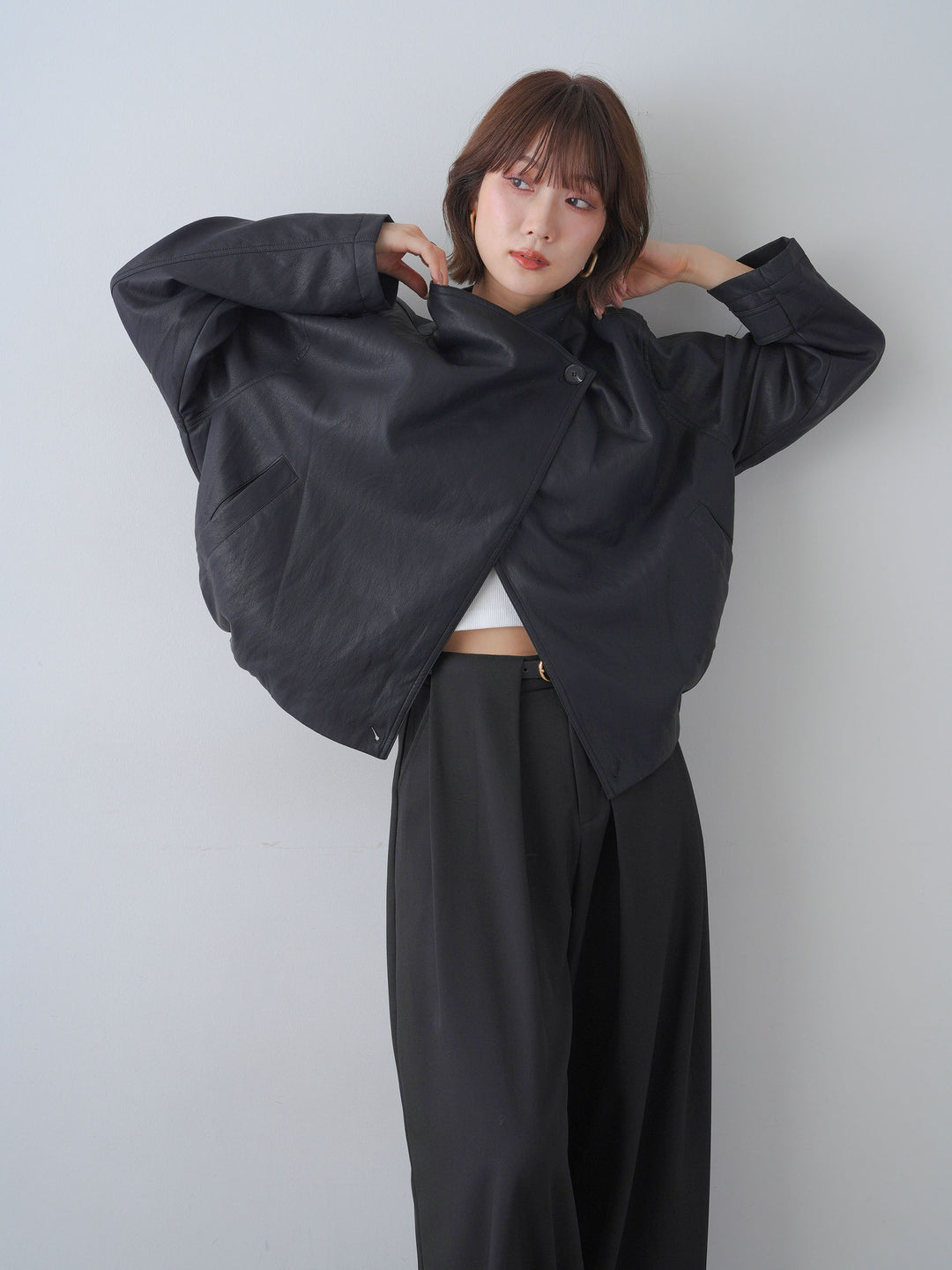 [SET]ドレープレザーショートジャケット+選べるアクセセット(2set)