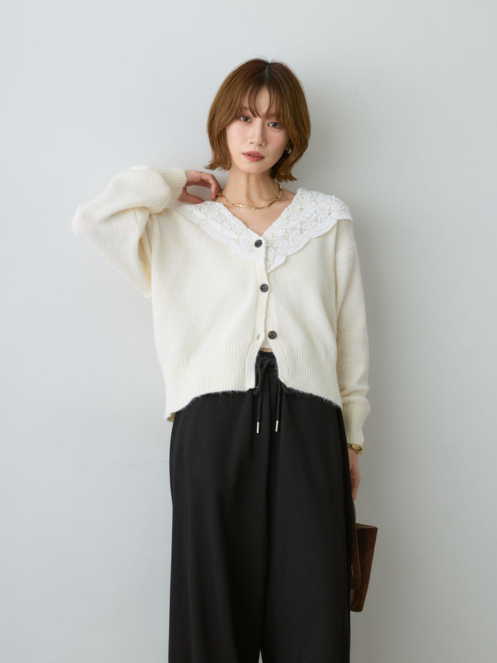 [SET]モヘアレースショールカラーカーディガン+カットオフスウェットワイドパンツ(2set)