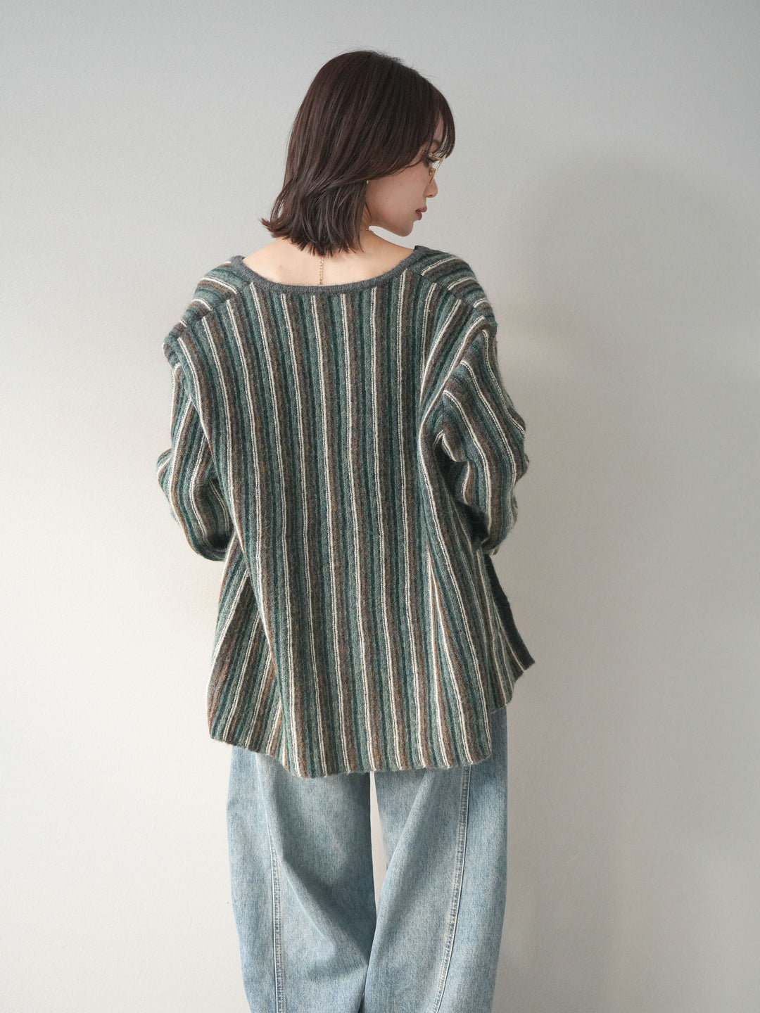 [予約]アンティークボタンストライプニットカーディガン/charcoal