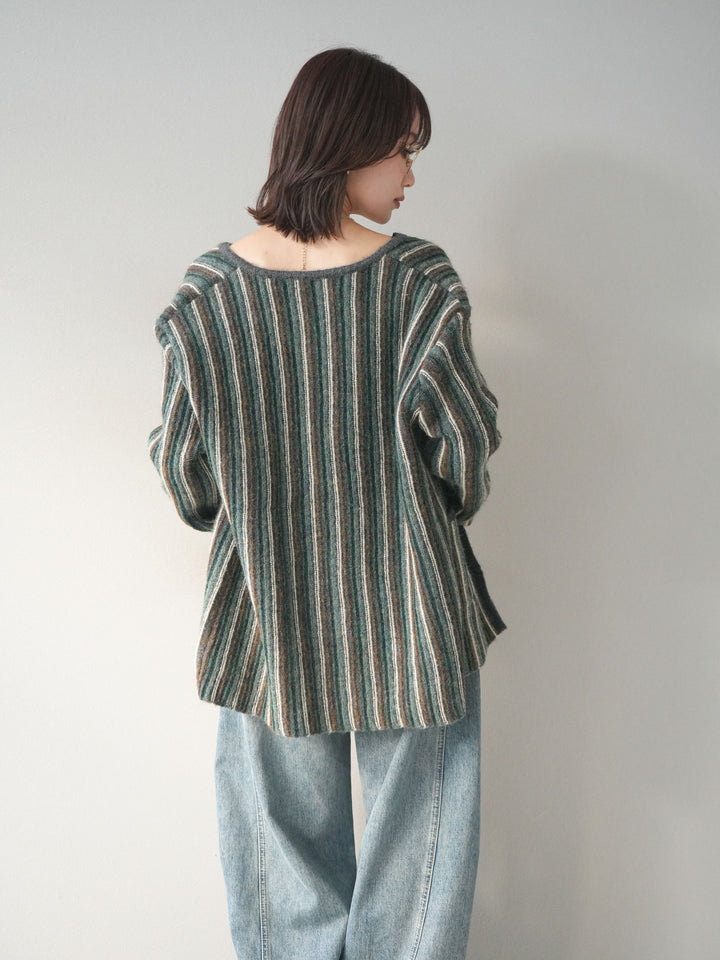 [予約]アンティークボタンストライプニットカーディガン/charcoal