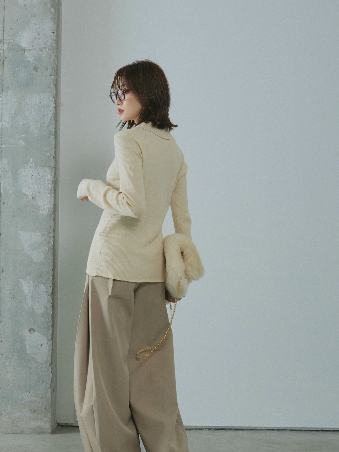 【Allure】[SET]リブ配色ラインポロニットカーディガン+サイドタックワイドパンツ(2set)