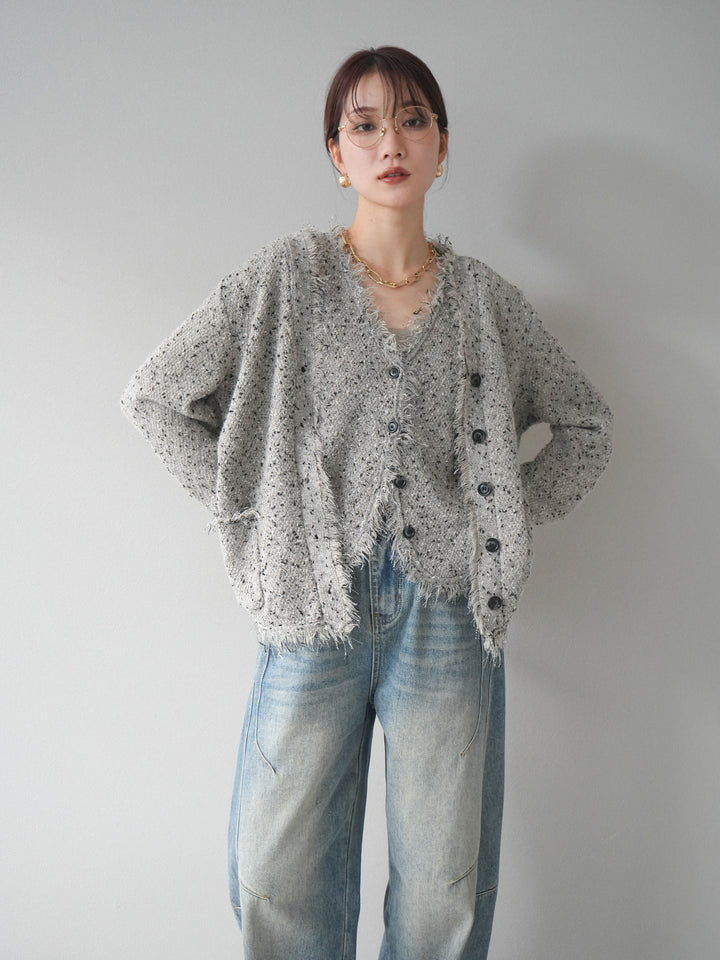 [予約]ネップフリンジニットカーディガン/khaki