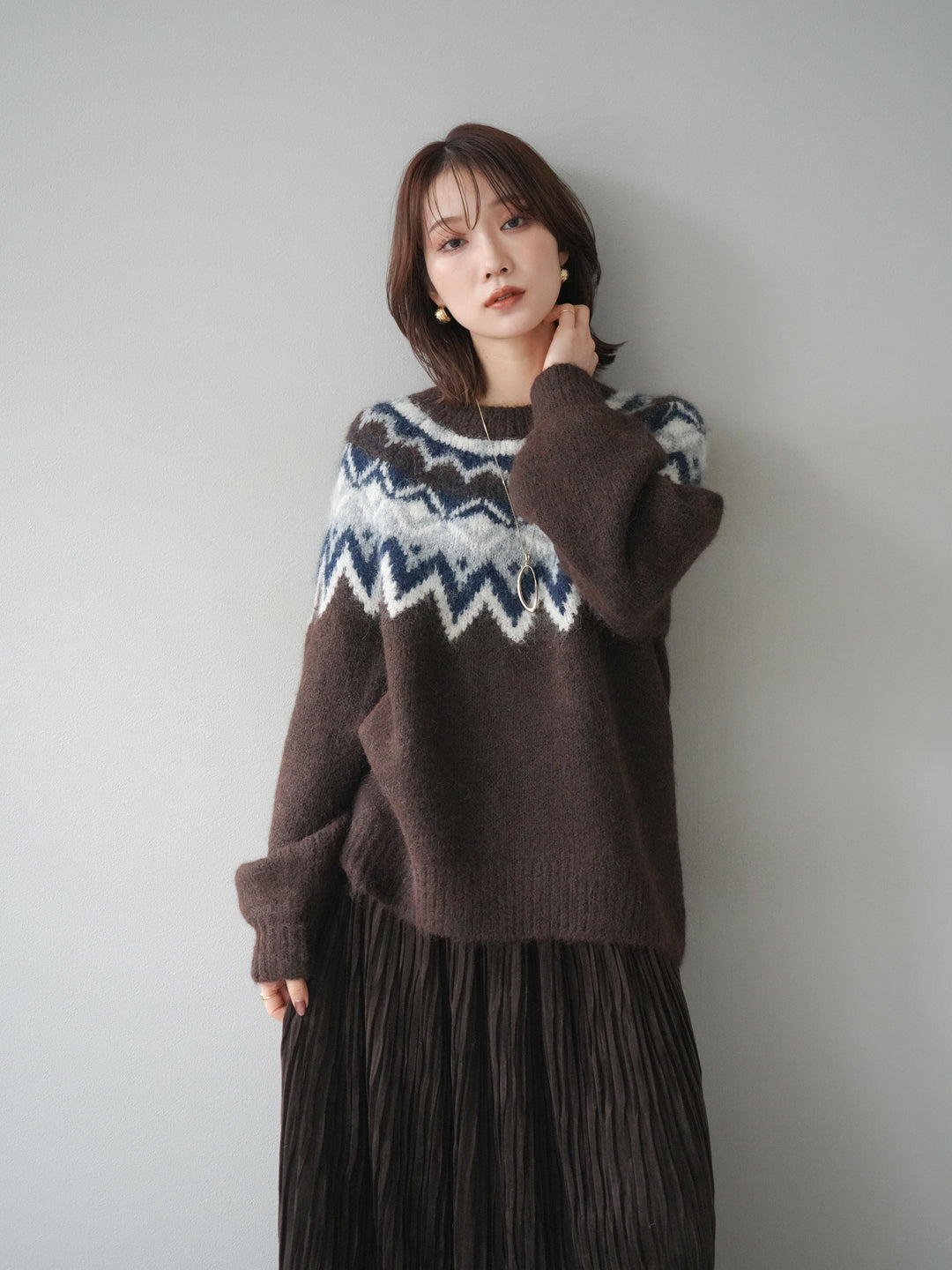 [予約]求心柄オーバーニットプルオーバー/brown