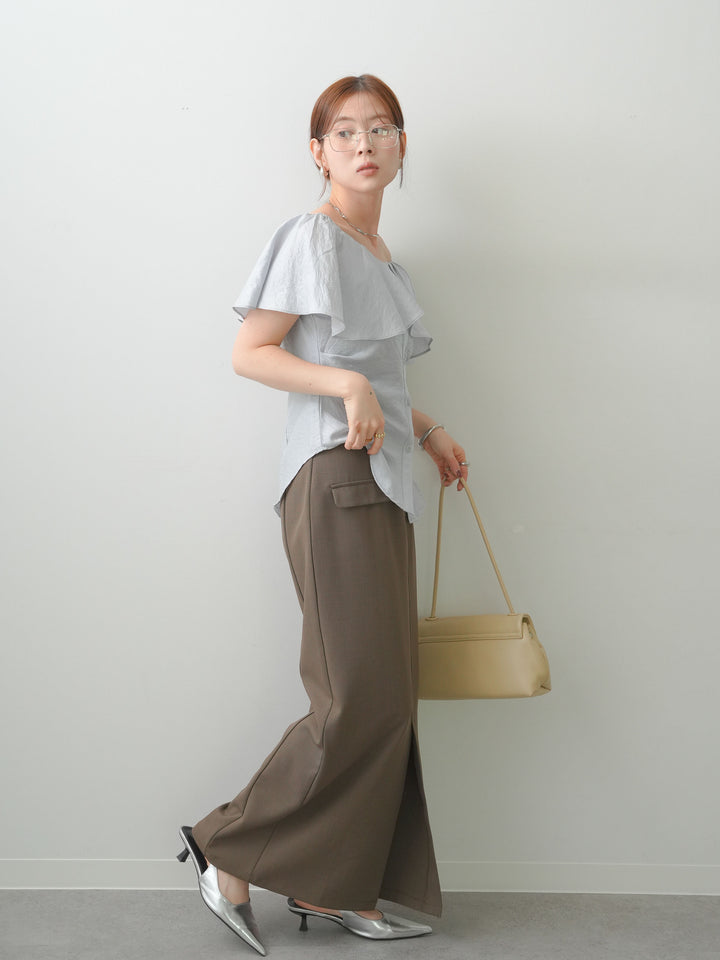 [SET]ラッフルオフショルブラウス+クレープデシンフラップ付きストレートスカート(2set)