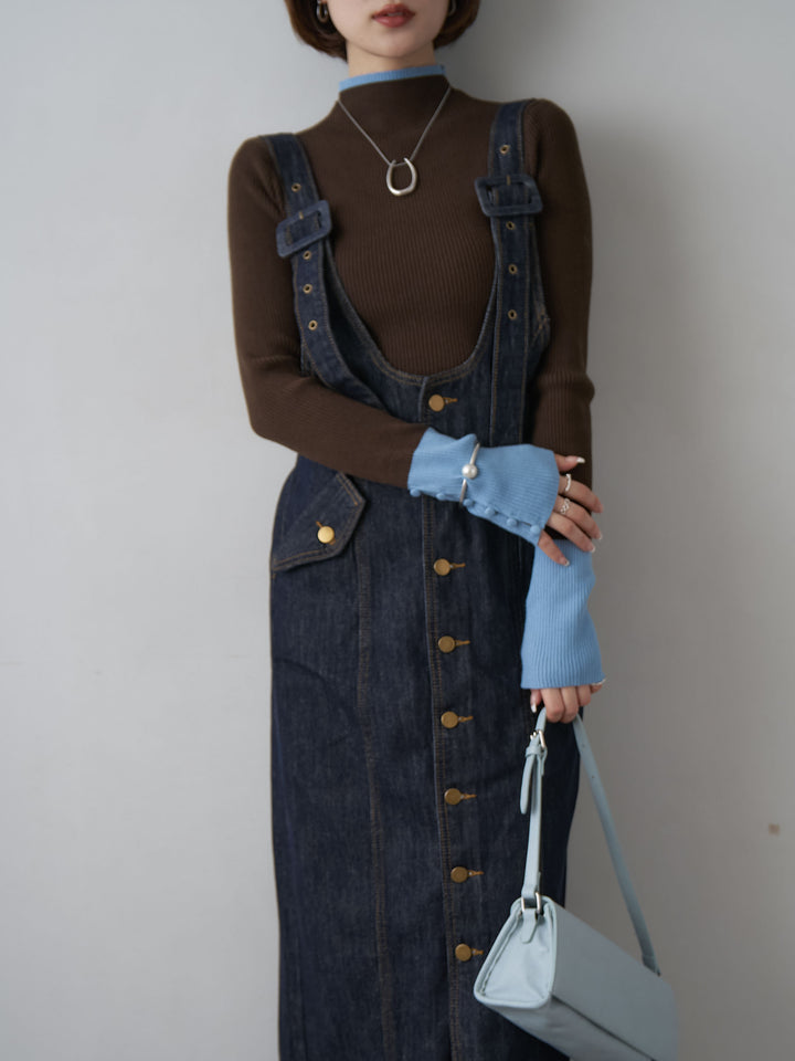 【套裝】雙色袖口紐帶羅紋針織上衣+I字牛仔背帶裙（兩件套）
