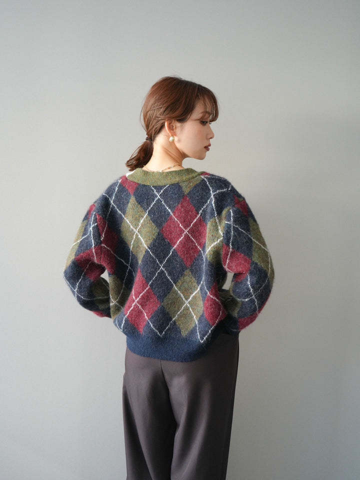 [予約]配色アーガイル柄ニットカーディガン/green