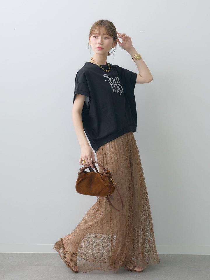 [SET]立体ロゴエンボスTEE +フローラルレースプリーツスカート(2set)
