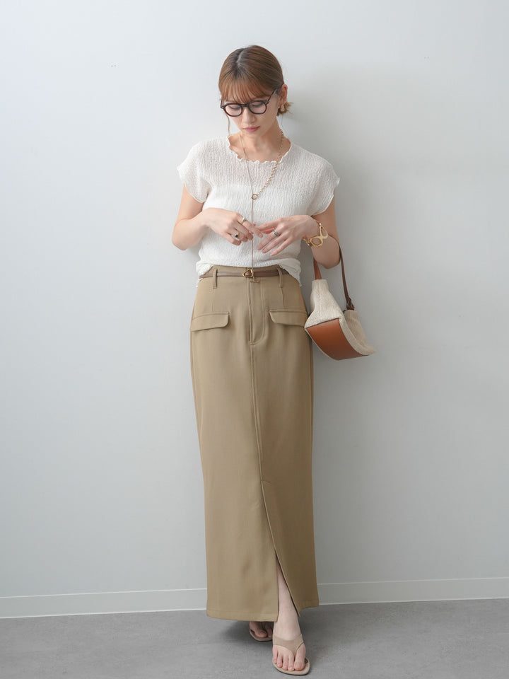[SET]シャーリングシアーバックオープンフレンチトップス+クレープデシンフラップ付きストレートスカート(2set)
