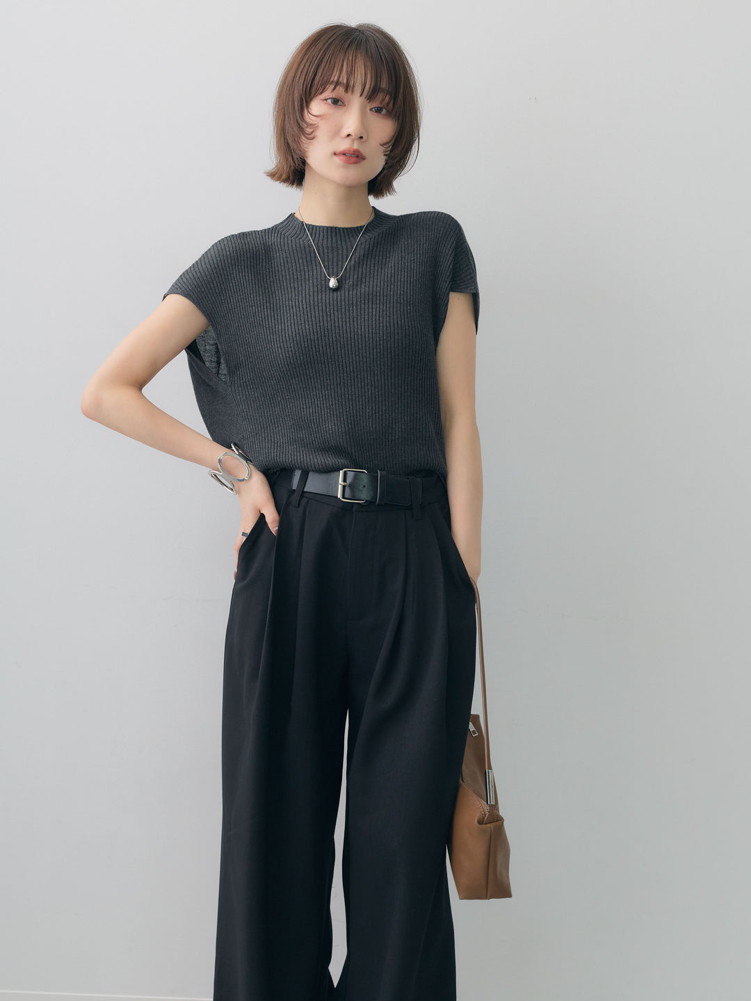 [予約]ボトルネックフロントリブニットトップス/gray