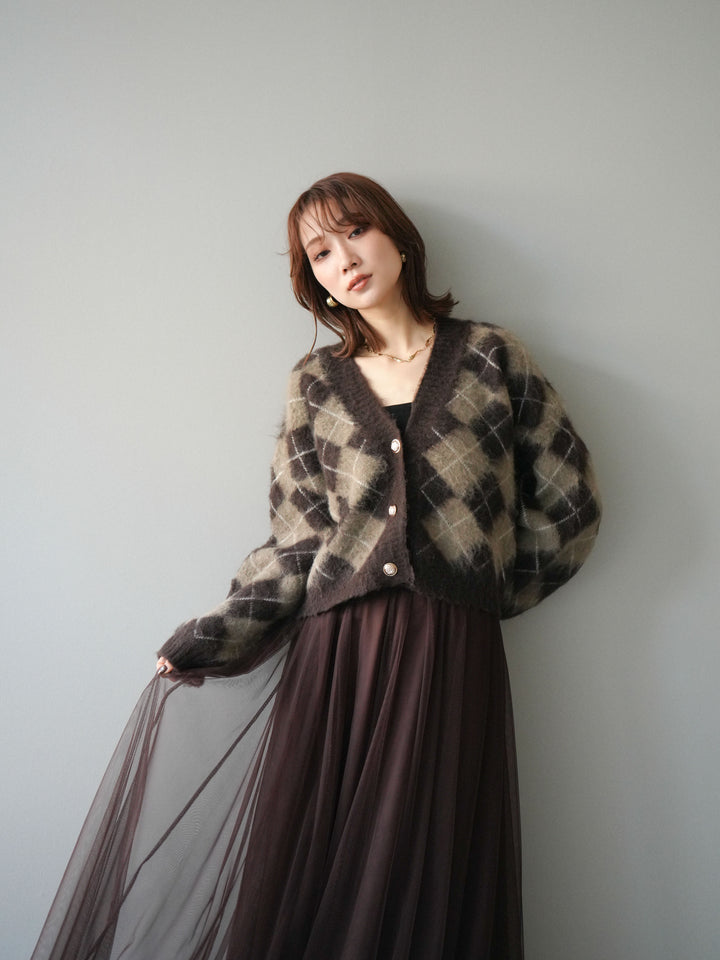 [予約]アーガイルシャギーニットカーディガン/brown