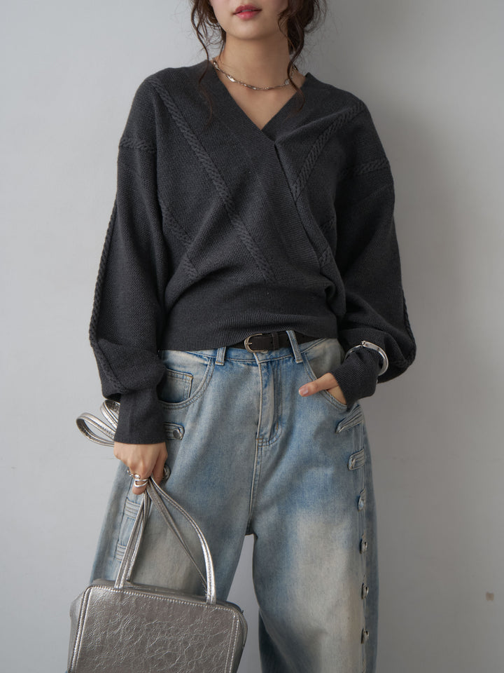 [SET]カシュクールミックスケーブルニットトップス+選べるアクセセット(2set)
