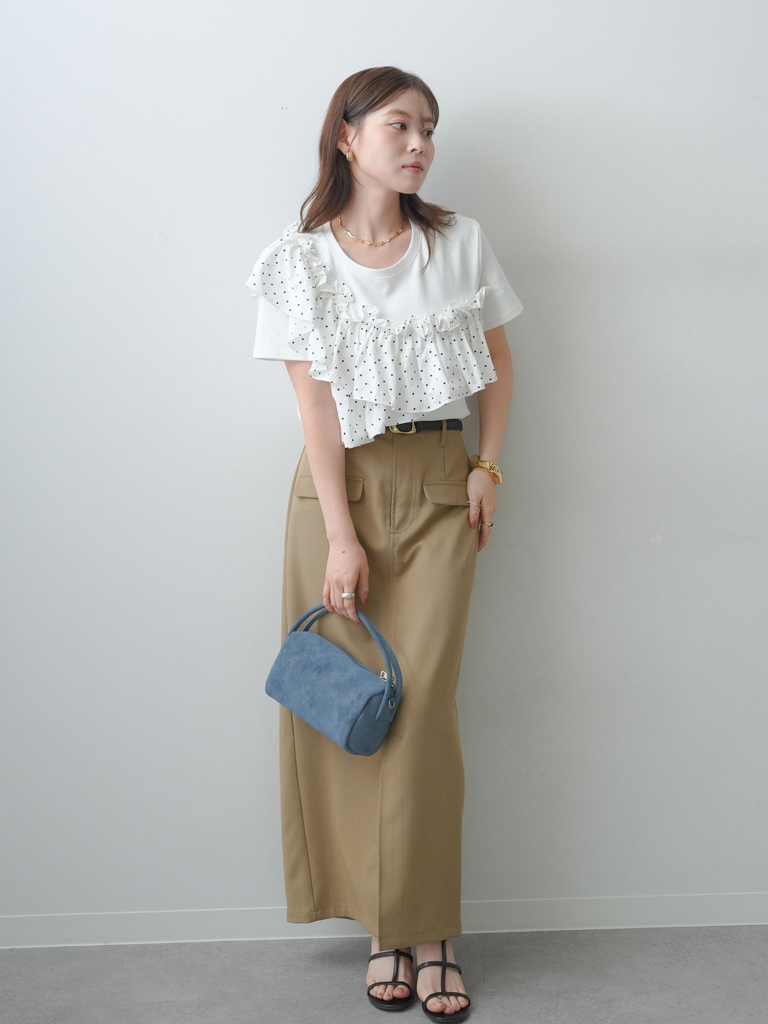 [SET]ドットギャザーフリルデザインTEE+クレープデシンフラップ付きストレートスカート(2set)