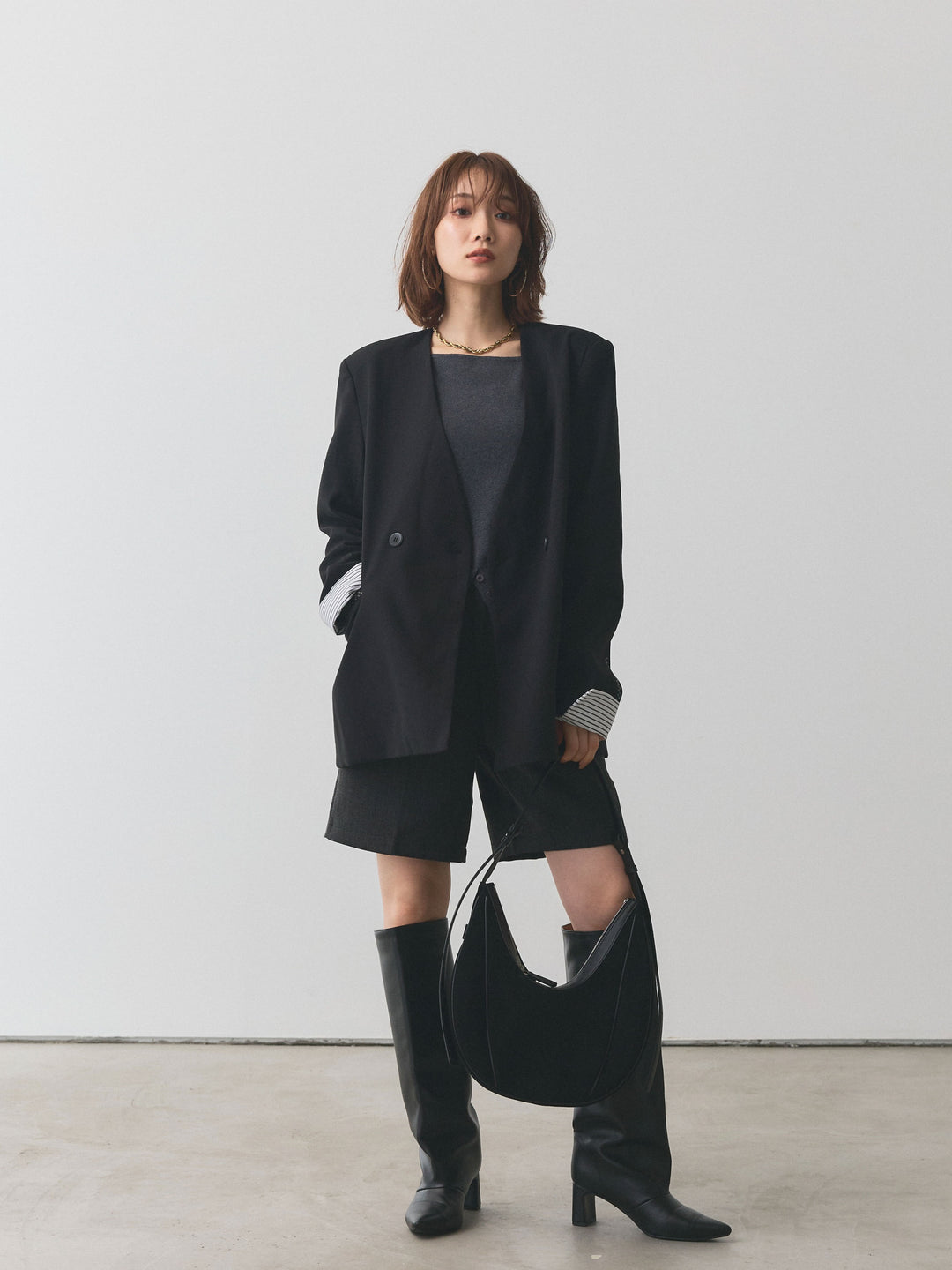 【Allure】[SET]シャツカフスフロントスリットニットプルオーバー+ノーカラーステッチデザインジャケット(2set)