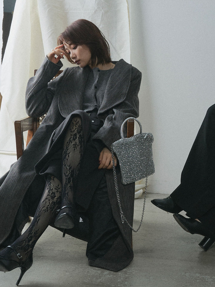 【Allure】[SET]ツイードタッチロングコート+デザインショートニットカーディガン(2set)