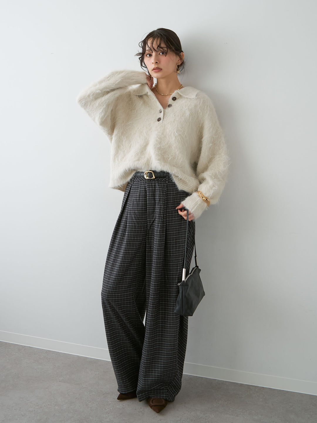 [SET]ヘンリーシャギーニットトップス+チェックタックワイドパンツ(2set)