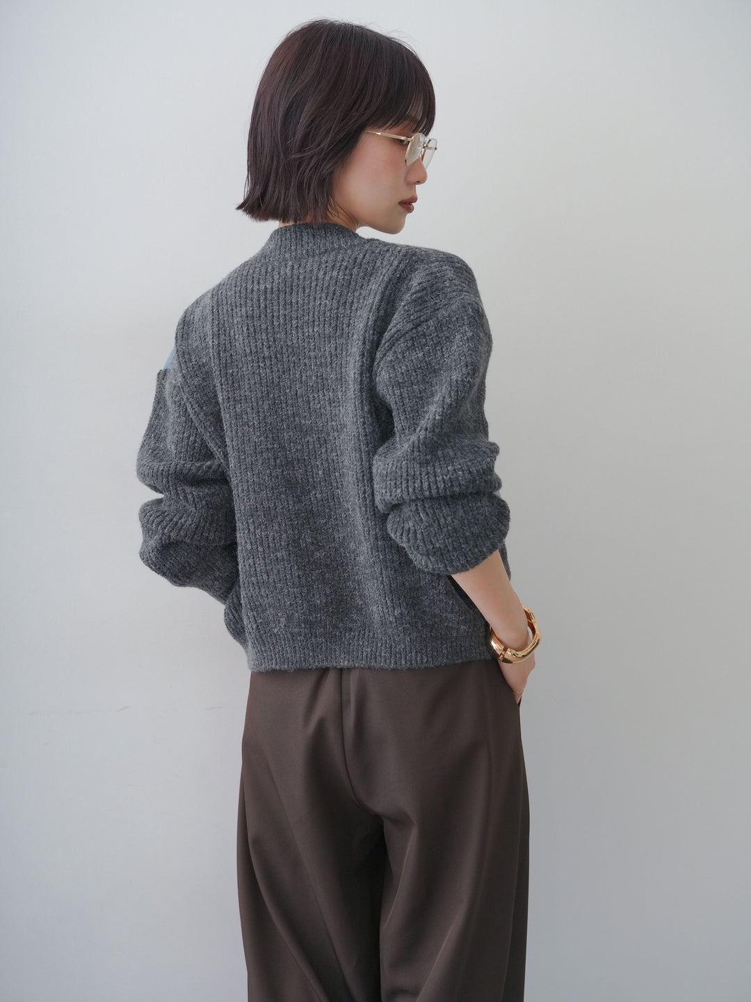 [SET]デニムコンビデザインニットカーディガン+ツイルタックワイドパンツ(2set)