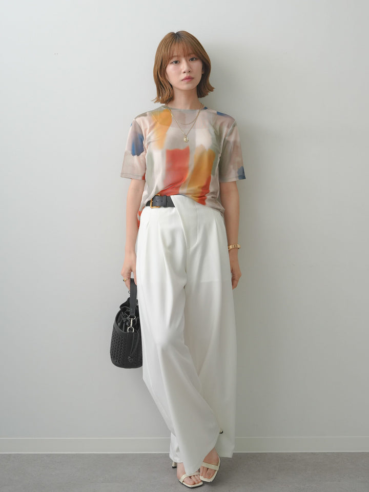 [SET]水彩アートシアーTシャツ+アシンメトリーベルトタックワイドパンツ(2set)