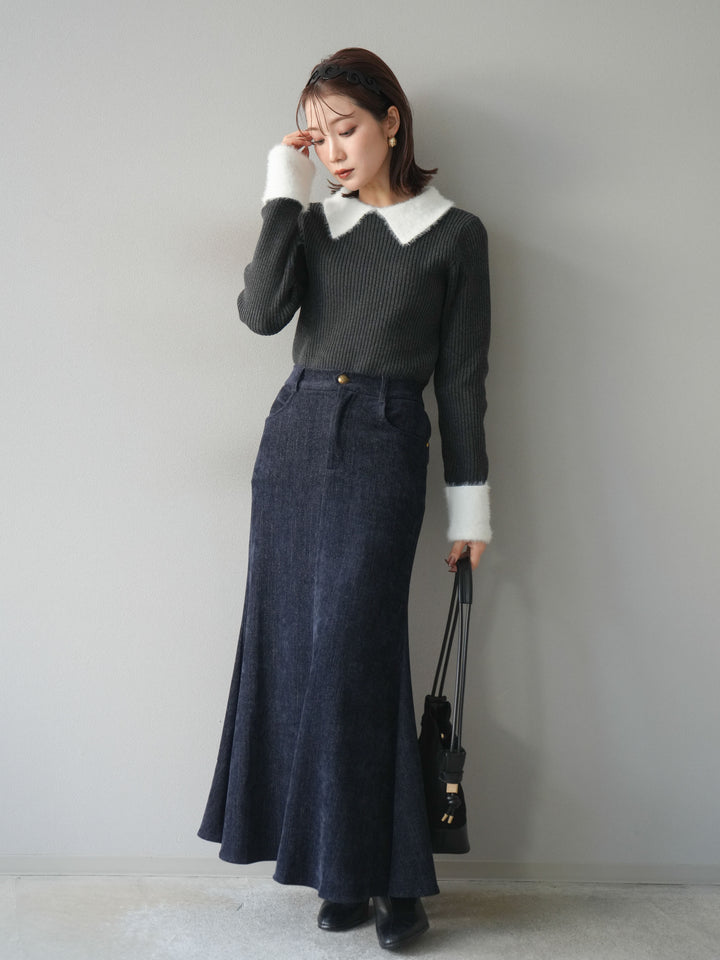 [SET]シャギー襟リブニットトップス+ベルベットマーメイドスカート(2set)