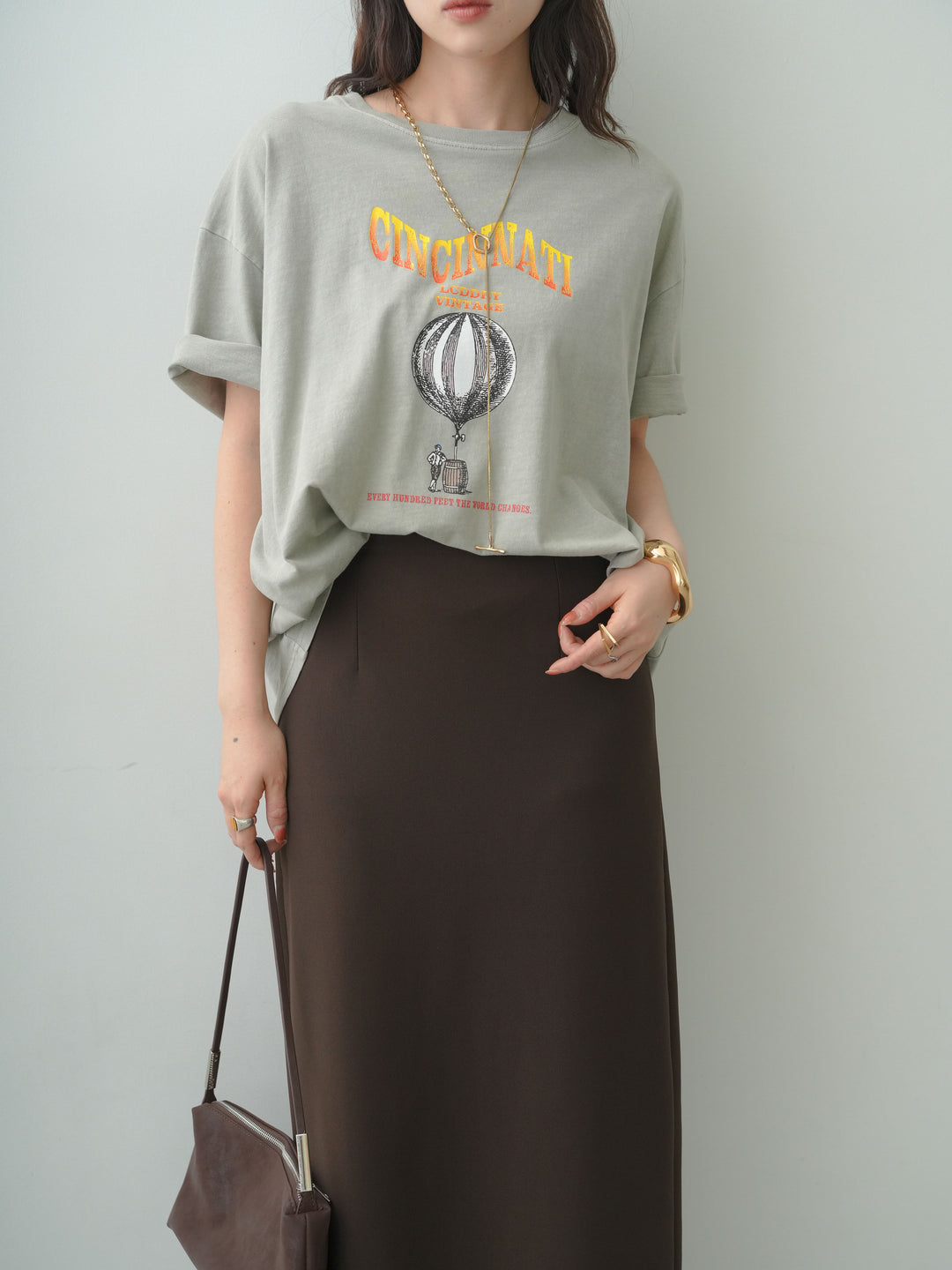 [SET]ヴィンテージライクプリントオーバーTEE+レースヘムストレッチIラインスカート(2set)