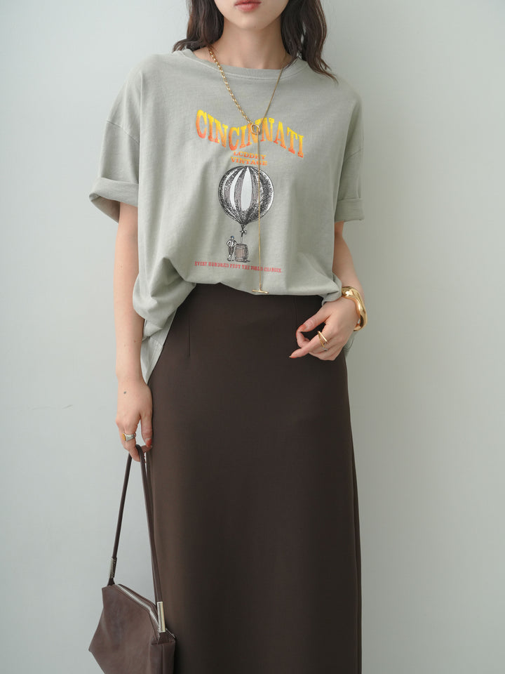 [SET]ヴィンテージライクプリントオーバーTEE+レースヘムストレッチIラインスカート(2set)